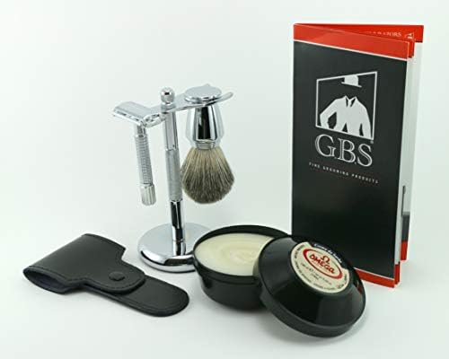G.B.S Men's Wet Shaving Holiday Kit, Classy Butterfly Non-slip Knurled DE Safety Razor with Case, Omega Cream, Blades, Shaving Brush and Razor Stand