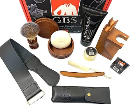 G.B.S Shaving Kit Box Includes- Carbon Steel Razor, 21" Leather Strop, Wooden Soap bowl with Vegan shaving Brush + Stand, Natural Glycerin Shave Soap, Aftershave Gel, and Alum Block
