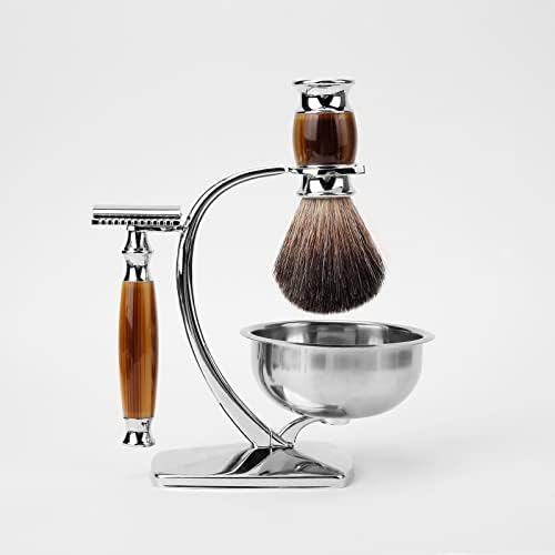CSB Deluxe Shaving Kit for Men - Badger Hair Shaving Brush, Double Edge Safety Razor, Stainless Steel Bowl, Chrome Stand with 20 Blades - Luxury Gifts for Men