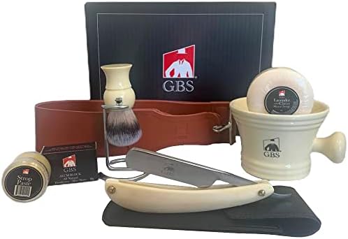 G.B.S Stylish Shaving Set - Shave Ready Straight Razor, Honing Sharpening Strop, Straight Razor Leather Case, Ceramic Mug Brush with Stand, Alum, Shaving Soap & Strop Paste, Ivory