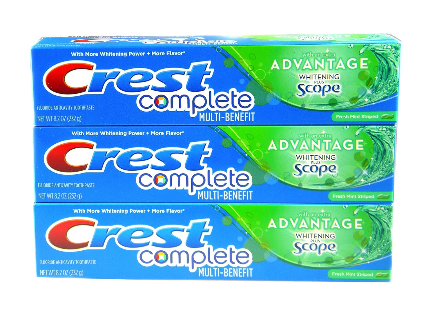 Crest Complete Multi-Benefit With Extra Advantage Whitening Plus Scope Toothpaste - Fresh Mint Striped 8.2oz (Pack of 3)